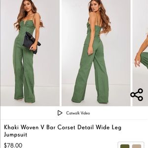 PrettyLittleThing: Khaki Woven V Bar Corset Detail Wide Leg Jumpsuit